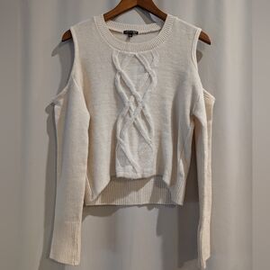 Copper Key Cold Shoulder Cable Knit Sweater Cream High Low Hem Cream Small